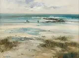 Mel Brigg, Beach with Figures, oil on board
