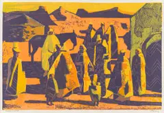 Alfred Krenz, Church Goers, colour linocut on paper