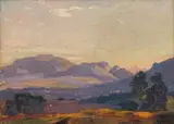 Edward Roworth, Landscape with Distant Mountains, oil on birchmore board