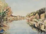 Maud Sumner, Landscape with River and Trees, mixed media and watercolour on paper