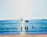 Walter Meyer, Yacht With Swimmers Camps Bay, oil on canvas