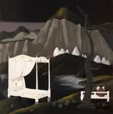 Fred Page, Bed in a Landscape, oil on board