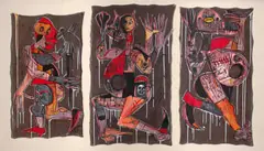 Blessing Ngobeni, Three Red Figures, triptych, collage and acrylic on canvas