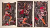Blessing Ngobeni, Three Red Figures, triptych, collage and acrylic on canvas