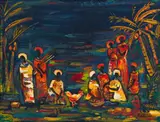 A Group of Women with a Chicken by Walter Battiss, oil on canvas, sold Mar 2024
