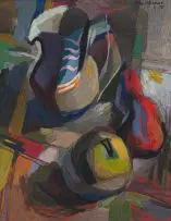 May Hillhouse, Still Life with Jug and Fruit, oil on canvas