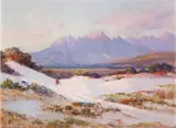 A Figure Walking in Sand Dunes by Hugo Naude, oil on board, offered Mar 2024