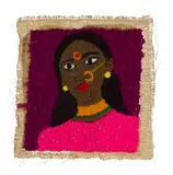 Talia Ramkilawan, Untitled (Woman in Pink), 2019, ribbon and acrylic yarn on hessian