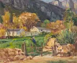 Figure by a Farmhouse by Hugo Naude, oil on board, sold Mar 2024
