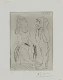 Pablo Picasso, Homme debout avec Masque devant Femme assise (Standing Man with Mask in Front of a Seated Woman), 1960, drypoint etching on paper