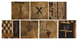 Hannes Harrs, Metal Found Objects on Kuba Cloth, seven, metal, mixed media and cut up Kuba raffia woven pieces laid down on board