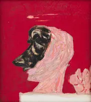 Robert Hodgins, Head and Hand on a Plinth, oil on board