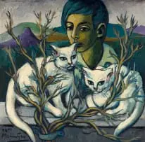 Johannes Meintjes, Boy with White Cats, oil on board