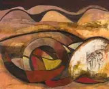 Cecil Skotnes, Abstract Landscape, painted, carved and incised wood panel