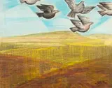 Peter Clarke, Bird Flight over Barren Plain, watercolour and wax crayon on paper