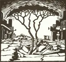 Johan Stegmann, Breëstr. Boom, linocut on paper laid down on board