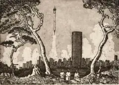 Johan Stegmann, Hillbrow Takes Off, etching on paper