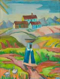 Maggie Laubser, Landscape with Three Houses, a Figure and Two Birds, oil on canvas laid down on board