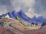 Mountain Landscape with Houses, Cape by Jacobus Hendrik Pierneef, casein on paper laid down on board, sold Nov 2023