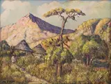 Moses Tladi, Three Huts, oil on board