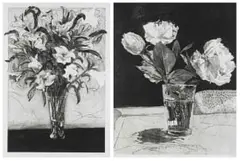 William Kentridge, Roses in a Big Glass; Lilies, two, (1) aquatint and drypoint etching on paper; (2) coffee-lift aquatint with drypoint on paper