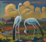 Maggie Laubser, Birds in a Landscape with Houses and Trees, oil on canvas laid down on board