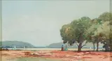 Walter Battiss, Figures by a Lake, watercolour on paper laid down on board