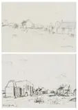 David Botha, Houses in a Landscape, two, (1) charcoal on paper (2) koki pen on paper