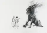 Diane Victor, Two Figures and Beast, charcoal on paper