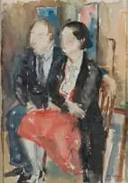 Wolf Kibel, Seated Couple, watercolour on paper laid down on card