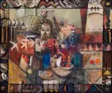 Margaret Gradwell, Still Life with Mask, mixed media on canvas