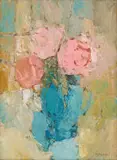 Frank Spears, Pink Flowers in a Blue Jug, oil on board