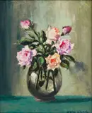 Pink and Peach Roses in a Vase by Otto Klar, oil on board, sold Oct 2023