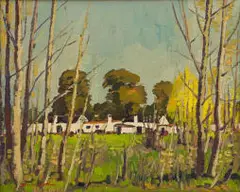 Houses through Trees by David Botha, oil on canvas laid down on board, offered Oct 2023
