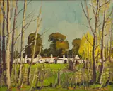David Botha, Houses through Trees, oil on canvas laid down on board