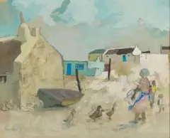 Marjorie Wallace, Coastal Village with Boat, mixed media on card