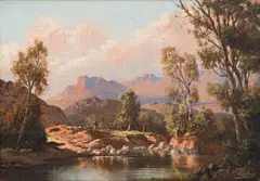 Tinus de Jongh, Landscape with Mountains and Trees, oil on canvas