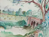 Maud Sumner, Bridge on a River in a Verdant English Landscape, watercolour on paper