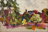 Willem Gravett, Colourful Landscape with House, oil on board