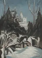 Robert Russell, Winter Scene with Church in the Distance, oil on canvas