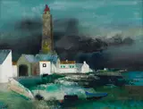 Pierre Jutand, Lighthouse and Houses, oil on canvas