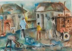 Joe Maseko, Village Scene, watercolour on paper