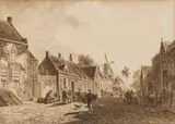 Willem Jan van den Berghe, A Busy Dutch Street Scene, ink on paper