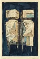 Watchers by Lynn Chadwick, hand coloured lithograph on paper, sold Oct 2023