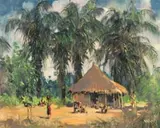 Guilherme d'Oliveira Marques, Hut and Figures Beneath Palm Trees, oil on card