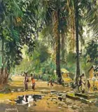 Guilherme d'Oliveira Marques, Figures Walking by a Fountain, oil on board