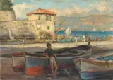 Boy on the Dockside by David Abraham Bueno de Mesquita, oil on canvas laid down on board, sold Oct 2023