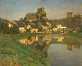 Konrad Lessing, Riverside Town, oil on board