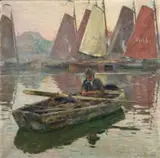 Maurice Sys, Fishermen in a Boat, Volendam, oil on canvas