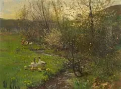 Adolf Lins, Children and Geese by a Riverside, oil on canvas